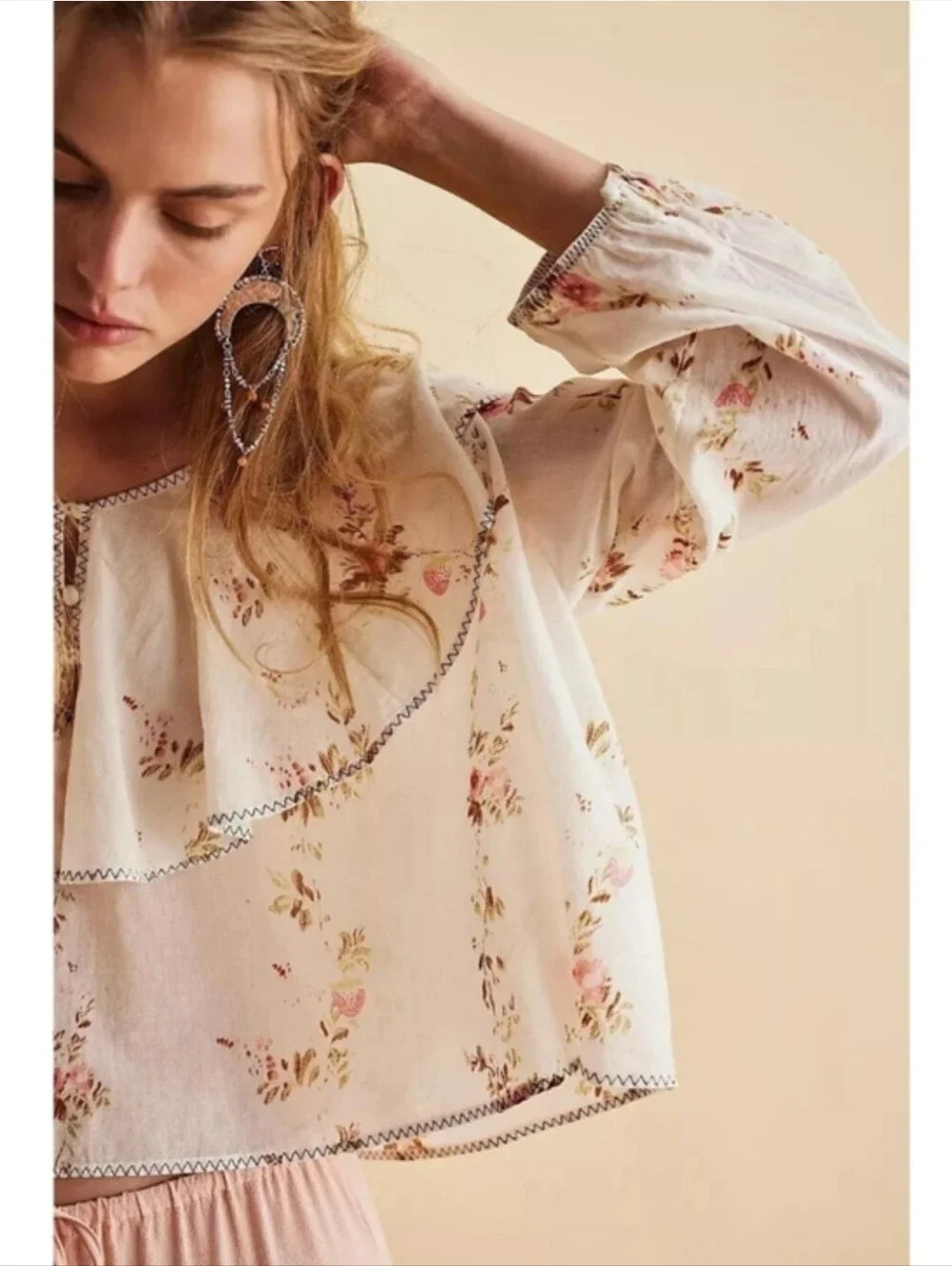 FREE PEOPLE Camilla Printed Vintage Floral French Country Blouse Ivory S NWOT